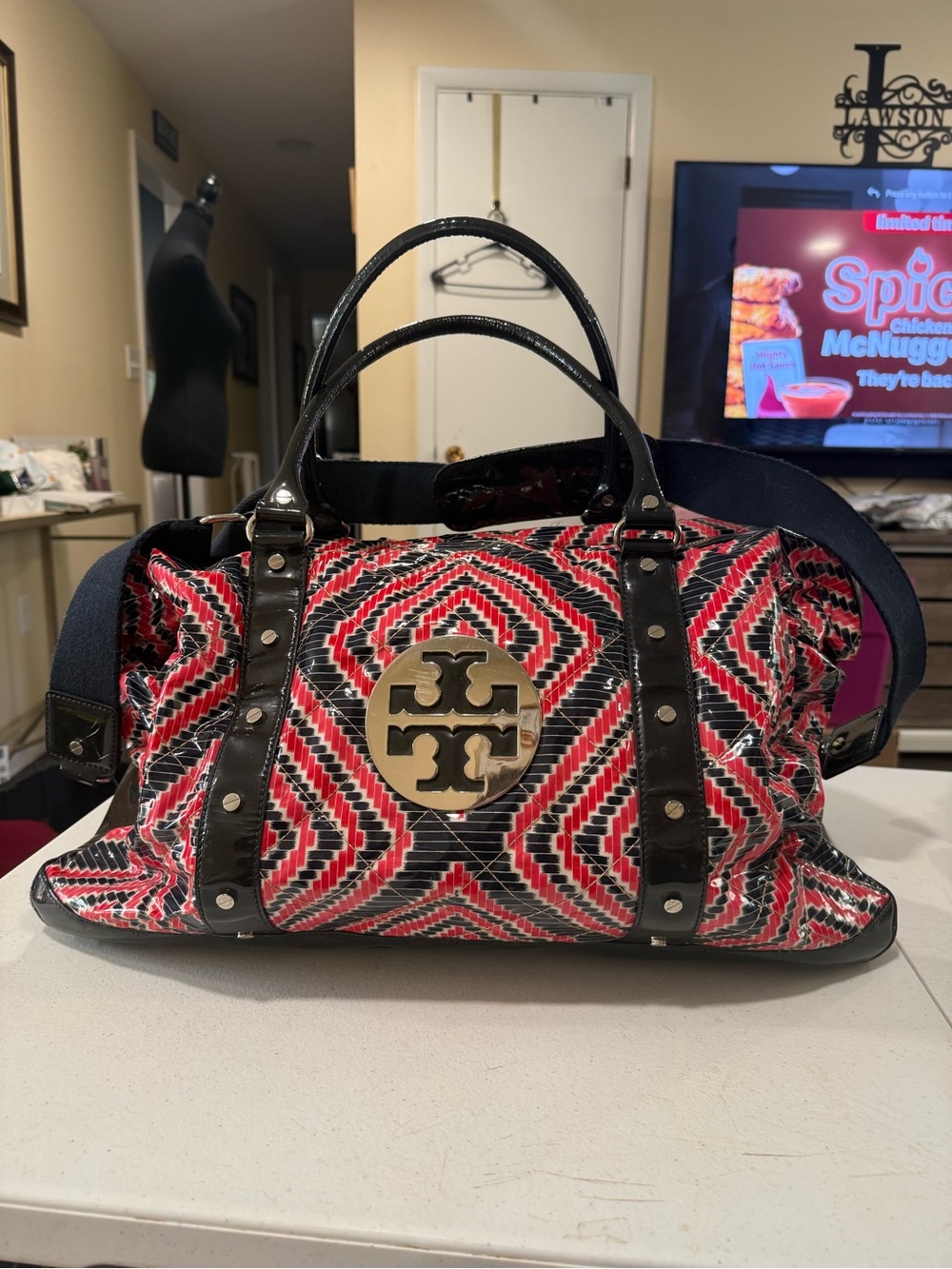 Tory Burch Betty Tote Red and Black Geometric Design